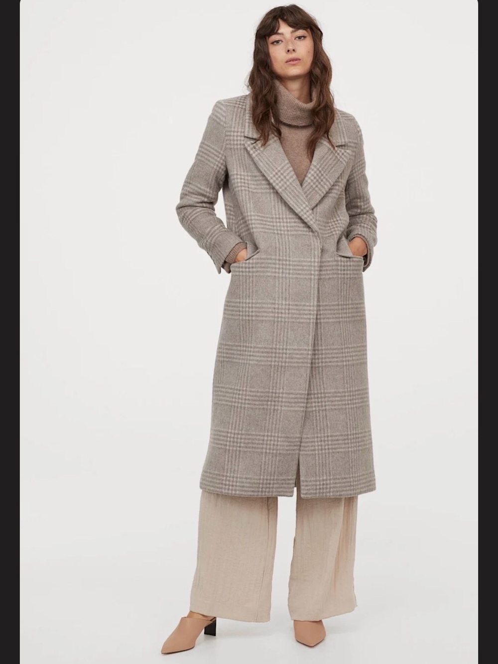 H&M Taupe Plaid Long Pea Coat